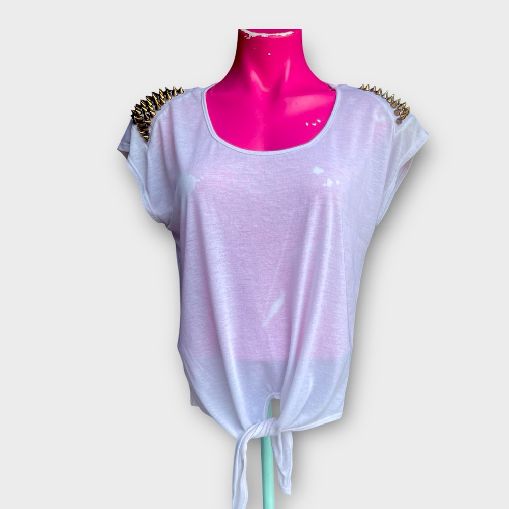 Moa Moa White Sheer Tie Front Gold Studded Shoulders Women’s Size Large